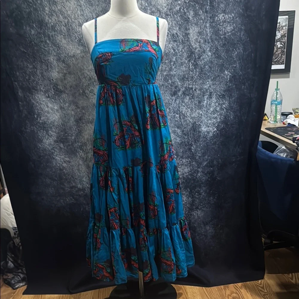 J. Crew Blue Tiered Ruffled Maxi Cotton Sundress w Lobsters - Picture 1 of 6